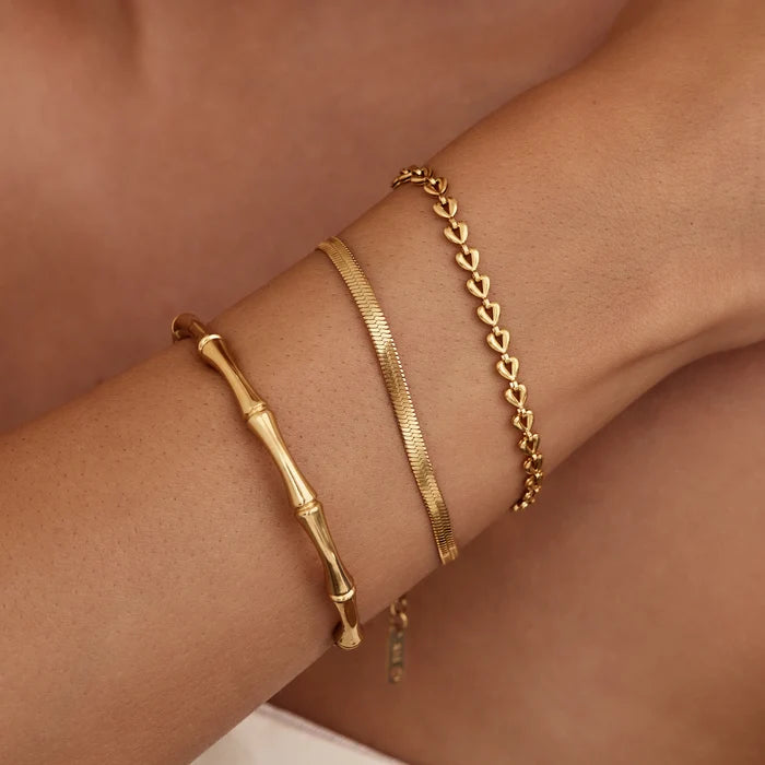 Gold bamboo cuff bracelet close-up — Olivia Jewelry