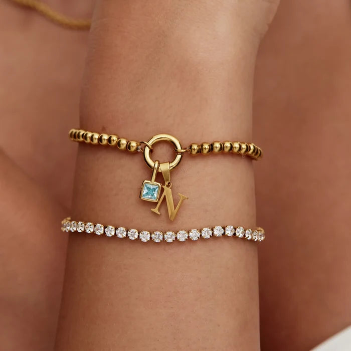 Personalised initial and birthstone beaded bracelet close-up — Olivia Jewelry