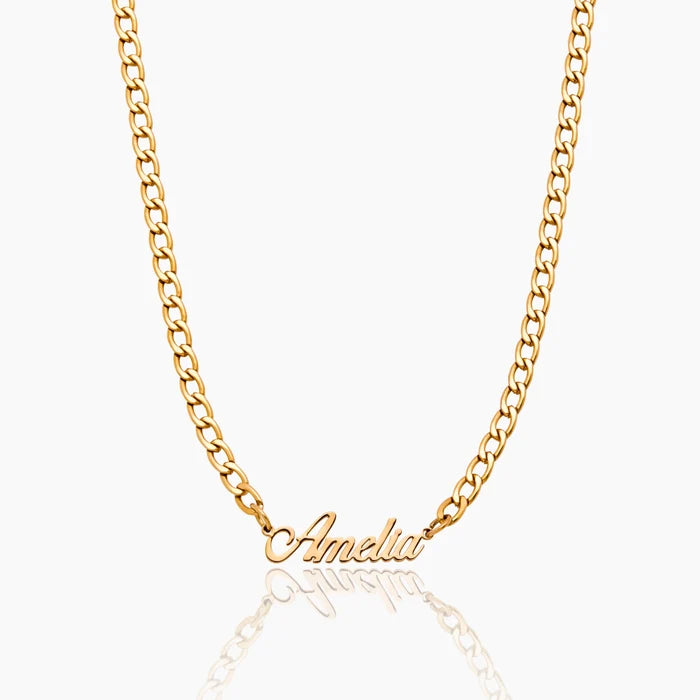 Bold Curb Name Necklace personalised as Amelia in 18k gold plated stainless steel — Olivia Jewelry