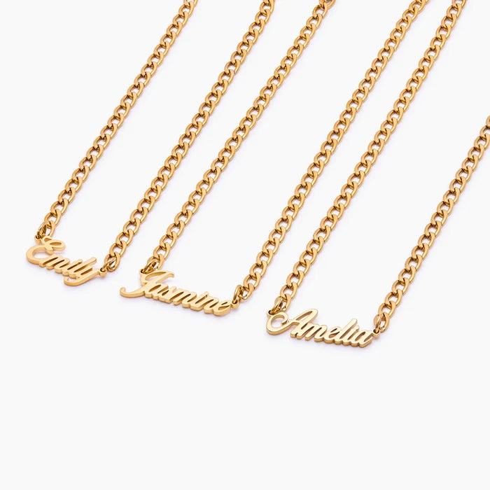 Three Bold Curb Name Necklaces personalised as Emily Jasmine and Amelia — Olivia Jewelry