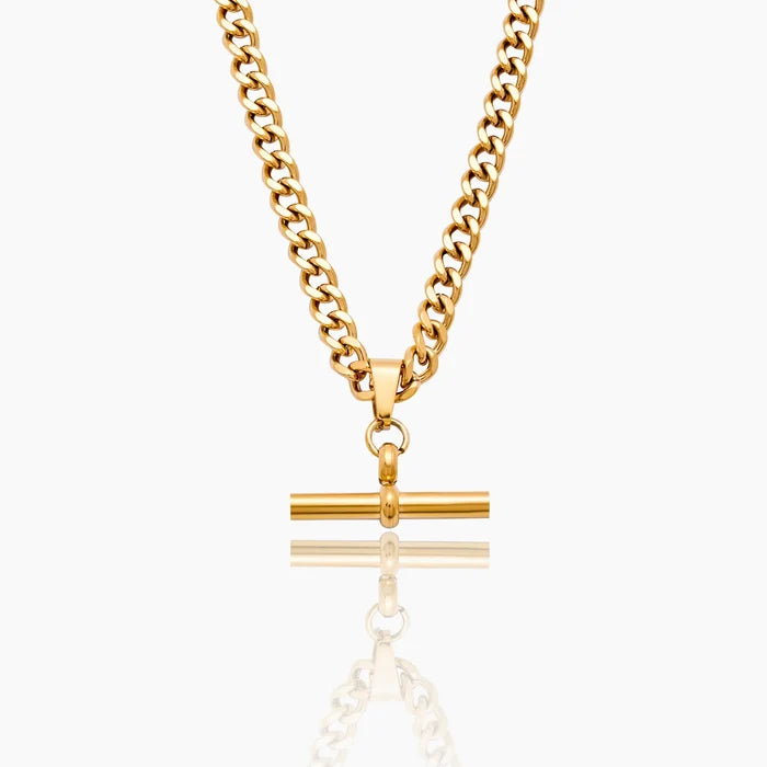 Curb Chain Fob Necklace with T-bar pendant in 18k gold plated stainless steel — Olivia Jewelry
