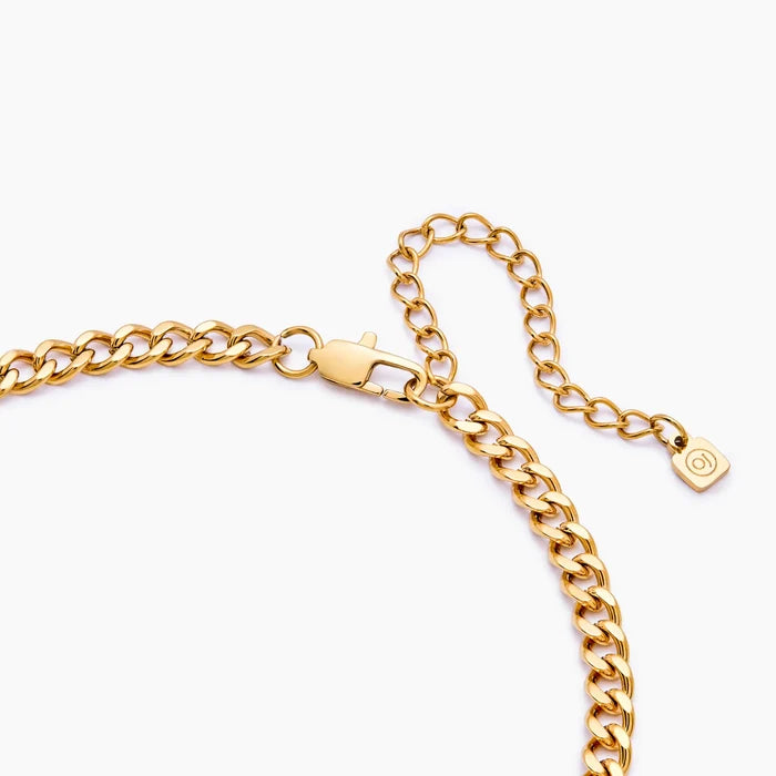 Curb Chain Fob Necklace clasp and extender chain close-up with Olivia Jewelry tag