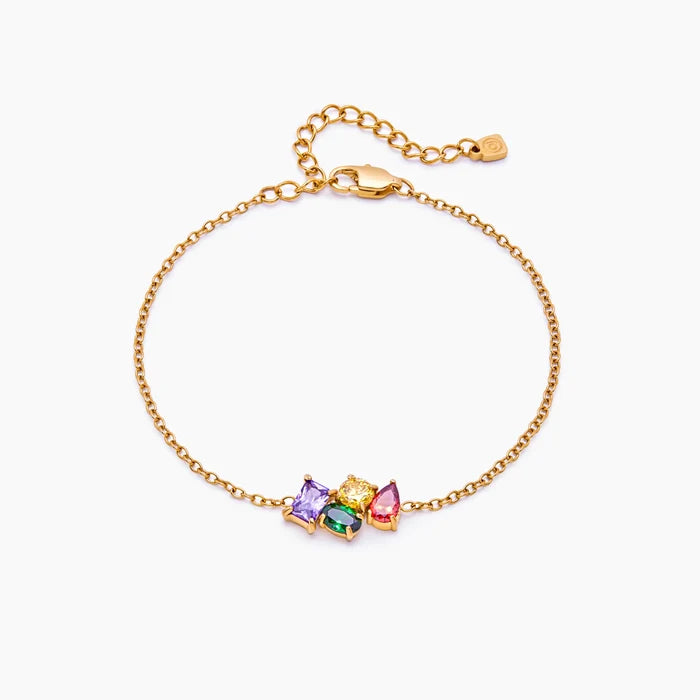 Custom Legacy Birthstone Bracelet with four birthstones in 18k gold plated stainless steel — Olivia Jewelry