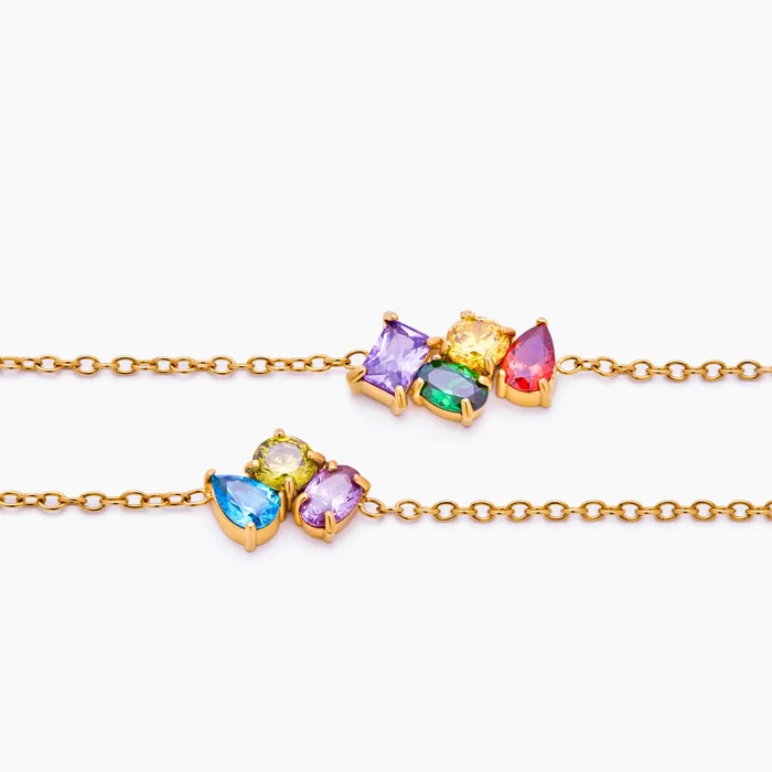 Two Custom Legacy Birthstone Bracelets showing four-stone and three-stone combinations — Olivia Jewelry