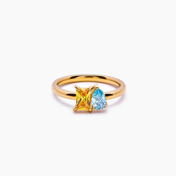 Duo birthstone ring gold on finger — Olivia Jewelry