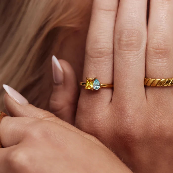 Personalised duo birthstone ring close-up — Olivia Jewelry