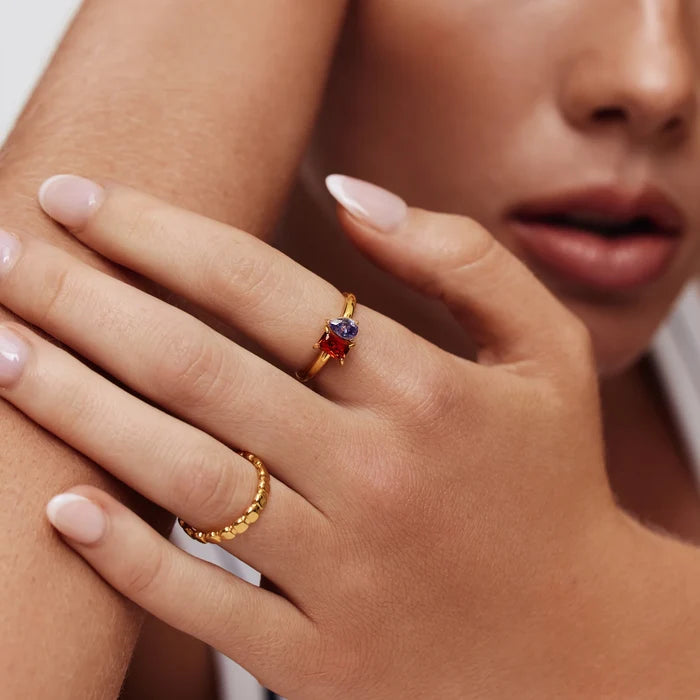 Custom duo birthstone ring detail shot — Olivia Jewelry
