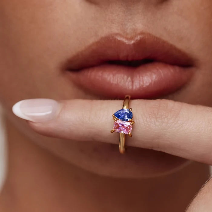 Gold duo birthstone ring stacked styling — Olivia Jewelry