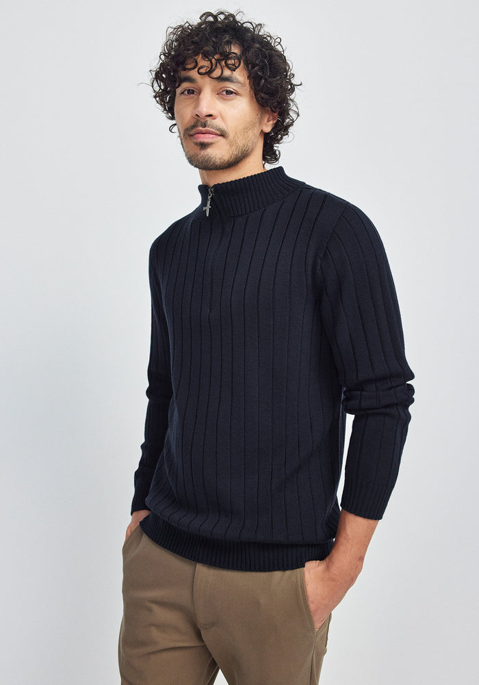 Finn Merino Zip Sweater - Deep Blue