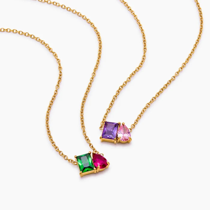Two Forever Duo Birthstone Necklaces with emerald ruby and amethyst pink pairings — Olivia Jewelry