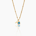Gem Initial Necklace with letter A and square aquamarine birthstone on satellite chain — Olivia Jewelry
