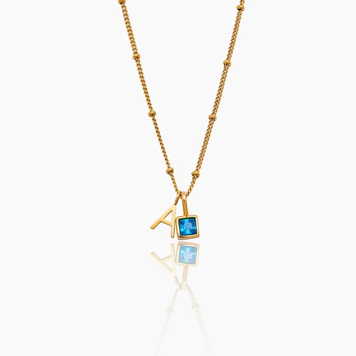 Gem Initial Necklace with letter A and square aquamarine birthstone on satellite chain — Olivia Jewelry