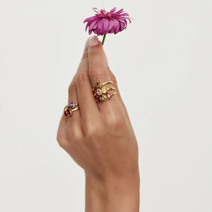Gold family birthstone ring stacked — Olivia Jewelry