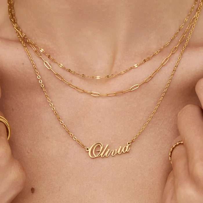 Signature name necklace styled on neck — Olivia Jewelry