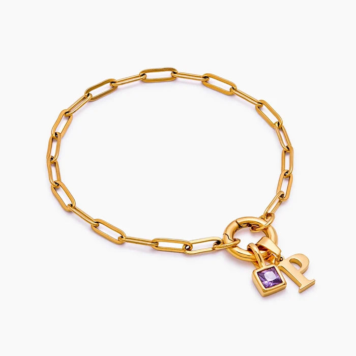 Paperclip Initial Birthstone Bracelet close-up with charm ring holding P initial and purple stone