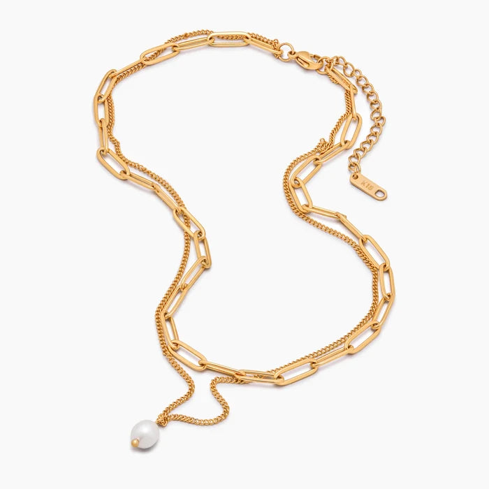 Paperclip & Pearl Drop Layered Necklace