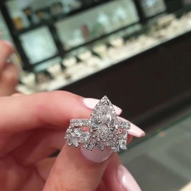 Pear Cut Engagement Ring Set & Leaves Wedding Band – Customizable