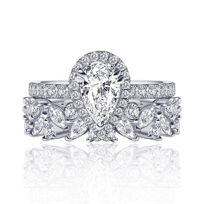 Pear Cut Engagement Ring Set & Leaves Wedding Band – Customizable