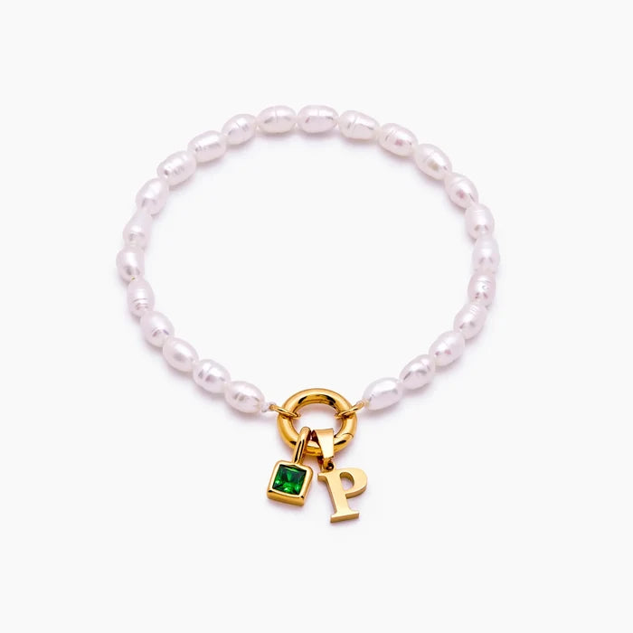 Pearl initial birthstone bracelet gold — Olivia Jewelry