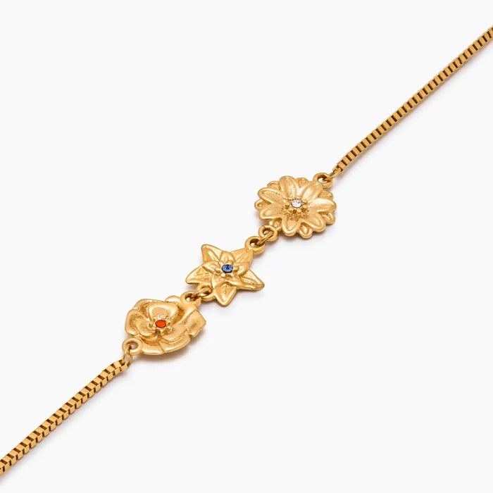 Gold birth flower charm bracelet worn on wrist — Olivia Jewelry