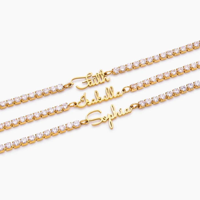 Three Signature Name Tennis Bracelets personalised as Faith Isabella and Sophia — Olivia Jewelry