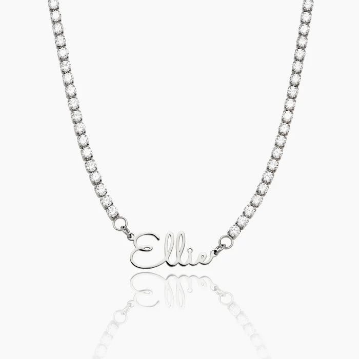 Silver signature name tennis necklace detail — Olivia Jewelry