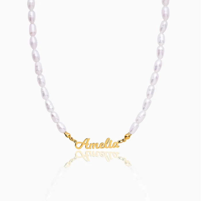 Statement custom name pearl necklace gold — Olivia Jewelry